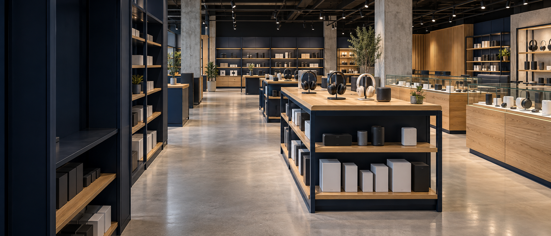 Showroom conceptual con góndolas de acero y madera y vitrinas de cristal